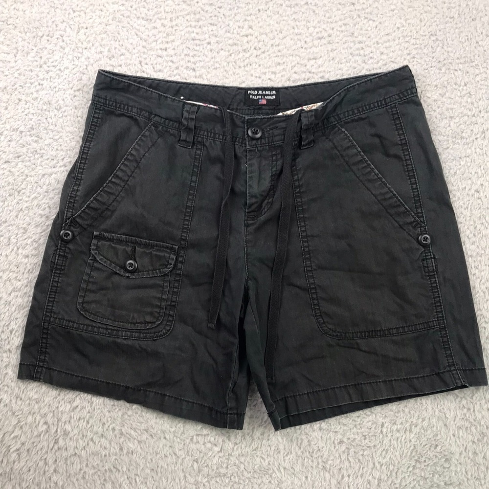 Vtg Polo Jeans Co Ralph Lauren Cargo Shorts Womens 8 Black Drawstring 7" Denim